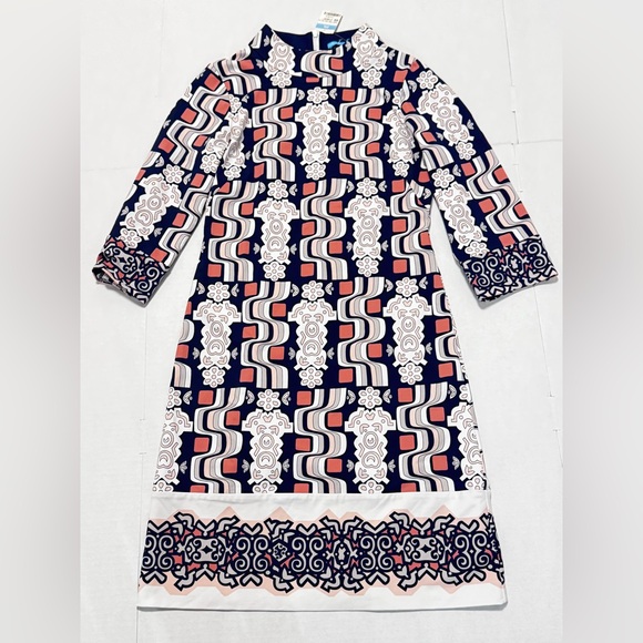 New!! J McLAUGHLIN Cooper Funnel Neck Tunic Mod Dress Navy/Pink Pattern size XS - Picture 2 of 9